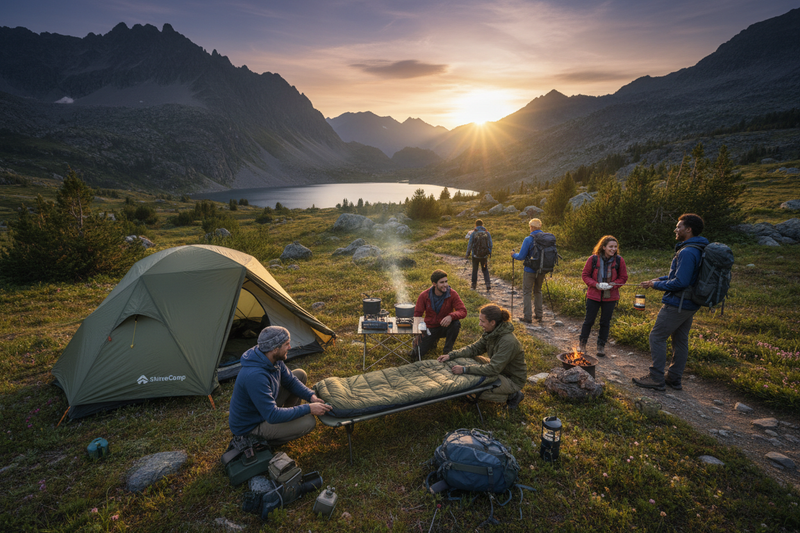 “Create a realistic, high-quality image illustrating the mission of ShineCamp: inspiring people to explore the great outdoors with confidence. Show campers enjoying nature safely and comfortably—setting up tents, hiking, cooking, or relaxing at a campsite. Include elements that represent durable, reliable camping gear, like tents, sleeping bags, cookware, and lanterns. The scene should feel welcoming and adventurous, with natural outdoor settings like mountains, forests, or lakes. Bright, natural lighting, 